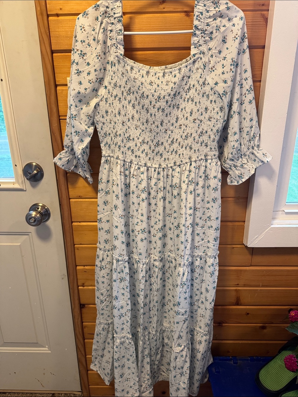 Bridal Smocked Square-Neck White Floral Midi Dress